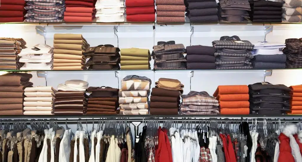 Visual representation of fast fashion evolution in 2025, featuring trend-driven clothing racks, eco-conscious labels, and digital shopping tools.