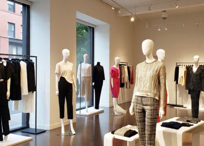 Fashionable woman browsing rented clothing options from a digital wardrobe service