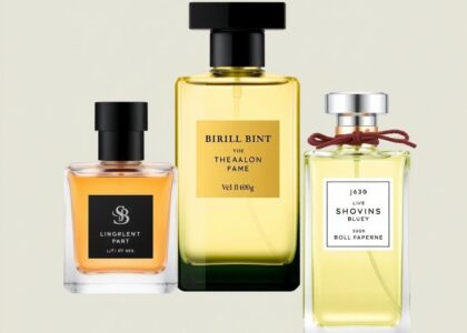 Assortment of stylish perfume bottles labeled with 2025’s top budget-friendly picks, arranged on a clean surface with subtle floral and citrus elements, highlighting affordable yet trendy fragrance options for all."