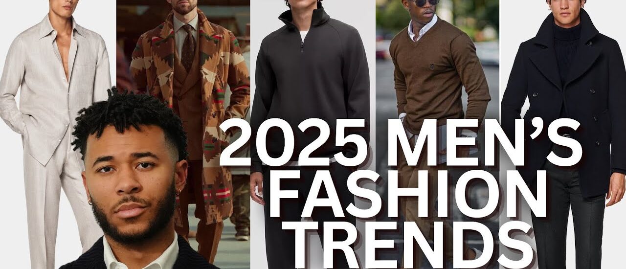 Modern men's fashion trends in 2025 featuring tailored silhouettes, neutral tones, and sustainable fabrics.