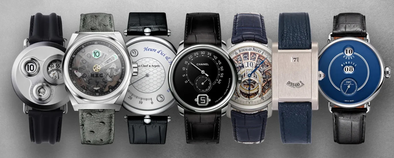 A stylish 2025 jumping hour watch featuring a retro-futuristic design with a digital hour display window and sleek metallic finish, symbolizing the revival of vintage timekeeping trends.