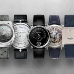A stylish 2025 jumping hour watch featuring a retro-futuristic design with a digital hour display window and sleek metallic finish, symbolizing the revival of vintage timekeeping trends.