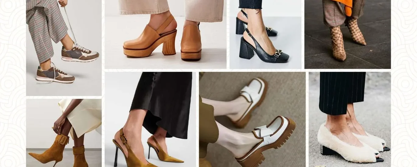 "Trendy 2025 footwear styles including chunky sneakers, futuristic heels, and eco-friendly shoes for men and women"