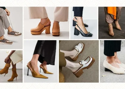 "Trendy 2025 footwear styles including chunky sneakers, futuristic heels, and eco-friendly shoes for men and women"