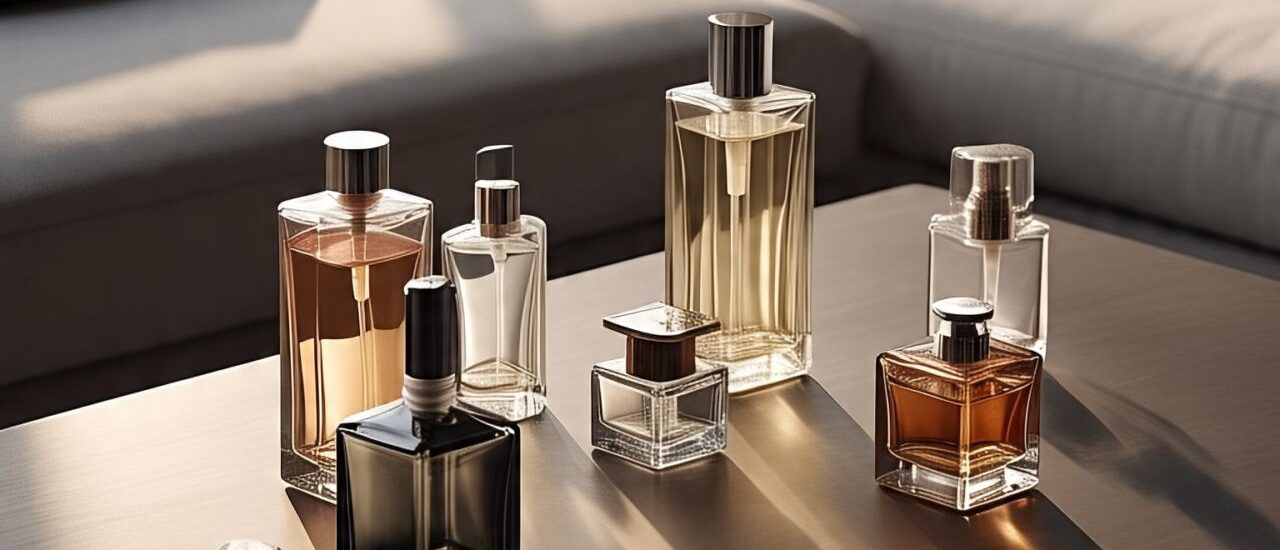 Collection of top 7 long-lasting fragrances of 2025 including men's and women's perfumes arranged aesthetically