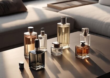 Collection of top 7 long-lasting fragrances of 2025 including men's and women's perfumes arranged aesthetically