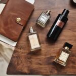 Fragrance layering setup with multiple perfumes and notes