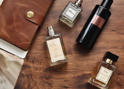 Fragrance layering setup with multiple perfumes and notes