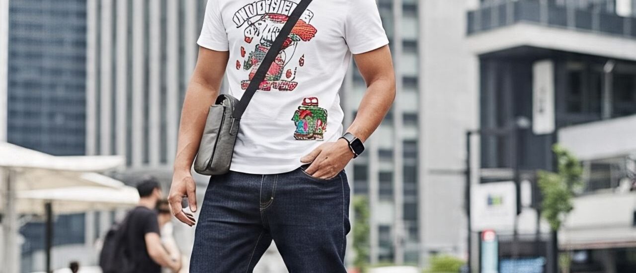 Trending men’s accessories 2025 including smart watch, utility bag, and bold sunglasses
