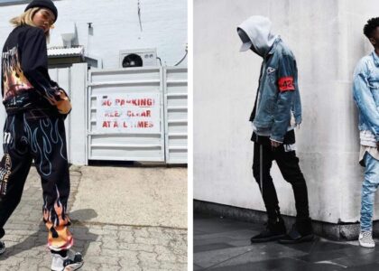 Top street style trends in the United States 2025 – bold oversized blazers, baggy jeans, Y2K accessories, and statement sneakers captured in an urban city backdrop.