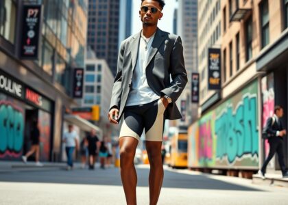 Text: Trendy woman in New York City wearing street style from the United States, bold outfit with oversized blazer and sneakers.