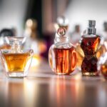 Collection of eco-friendly perfume bottles made from recycled materials, displayed on a natural wooden surface with greenery in the background, representing sustainable fragrance trends of 2025."