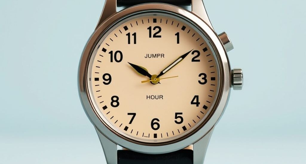 A stylish 2025 jumping hour watch featuring a retro-futuristic design with a digital hour display window and sleek metallic finish, symbolizing the revival of vintage timekeeping trends.
