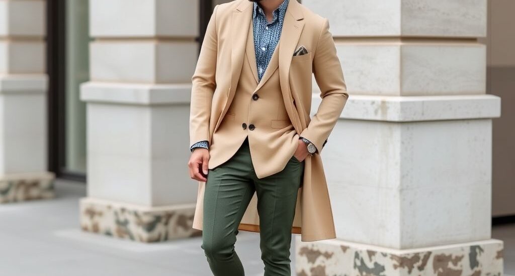 "Stylish young man wearing 2025 men’s fashion trends in a modern Western street style outfit, including oversized blazer, wide-leg trousers, and minimalist sneakers"