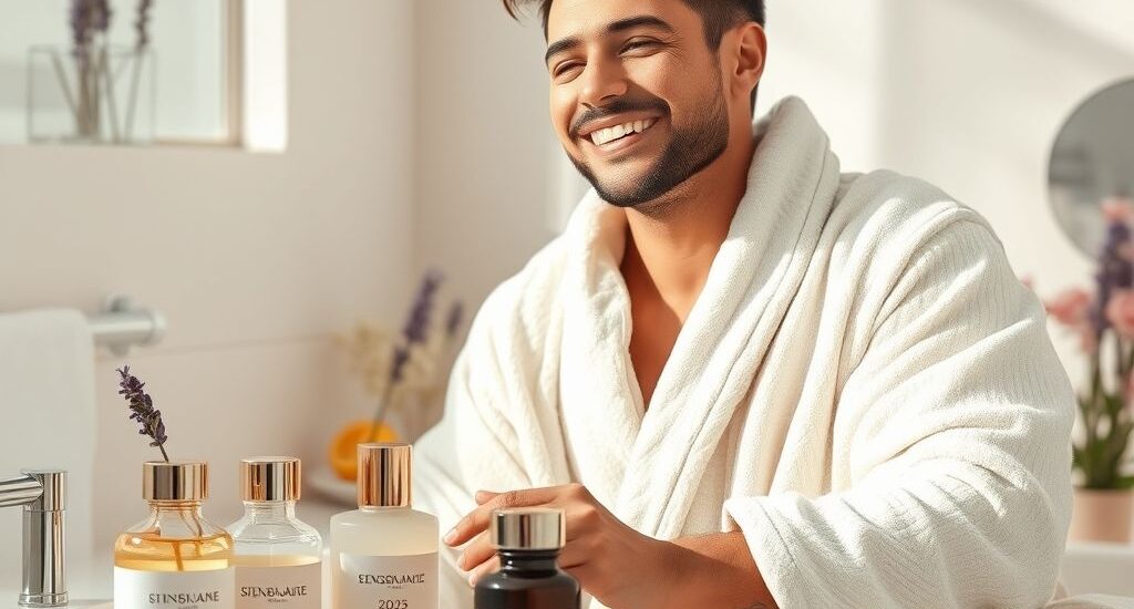 A serene, spa-like bathroom scene with natural light, featuring elegant skincare bottles labeled “Scented Skincare 2025.” Aromatic elements like lavender sprigs, citrus slices, and rose petals are scattered around. A woman in a soft robe gently applies cream to her face, smiling peacefully. The color palette is soft neutrals with hints of blush pink and lavender. The mood is calm, luxurious, and wellness-focused.