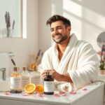 A serene, spa-like bathroom scene with natural light, featuring elegant skincare bottles labeled “Scented Skincare 2025.” Aromatic elements like lavender sprigs, citrus slices, and rose petals are scattered around. A woman in a soft robe gently applies cream to her face, smiling peacefully. The color palette is soft neutrals with hints of blush pink and lavender. The mood is calm, luxurious, and wellness-focused.