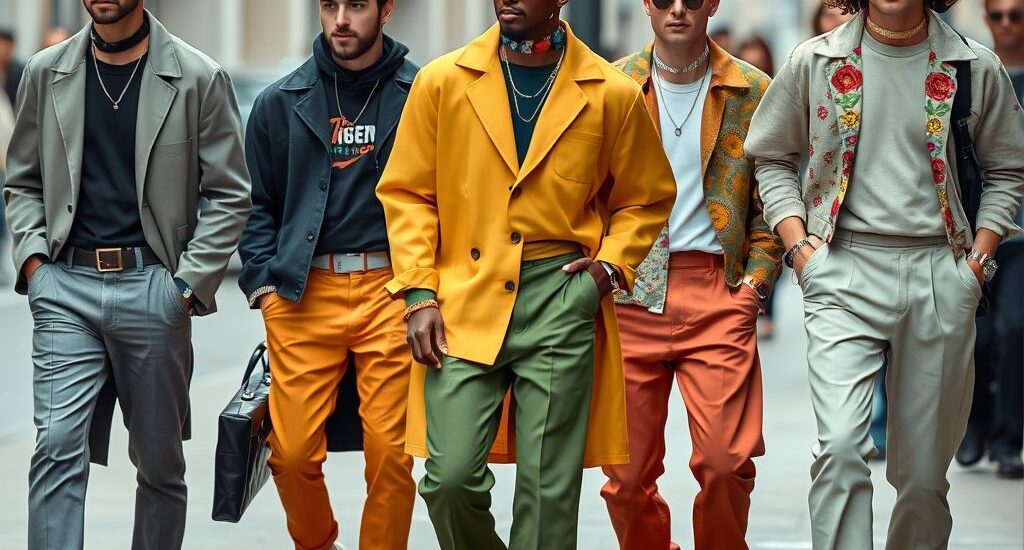 Group of fashionable individuals wearing 2025 fashion trends including quiet luxury, bold colors, statement accessories, and layered streetwear.