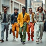 Group of fashionable individuals wearing 2025 fashion trends including quiet luxury, bold colors, statement accessories, and layered streetwear.