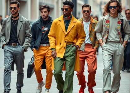 Group of fashionable individuals wearing 2025 fashion trends including quiet luxury, bold colors, statement accessories, and layered streetwear.
