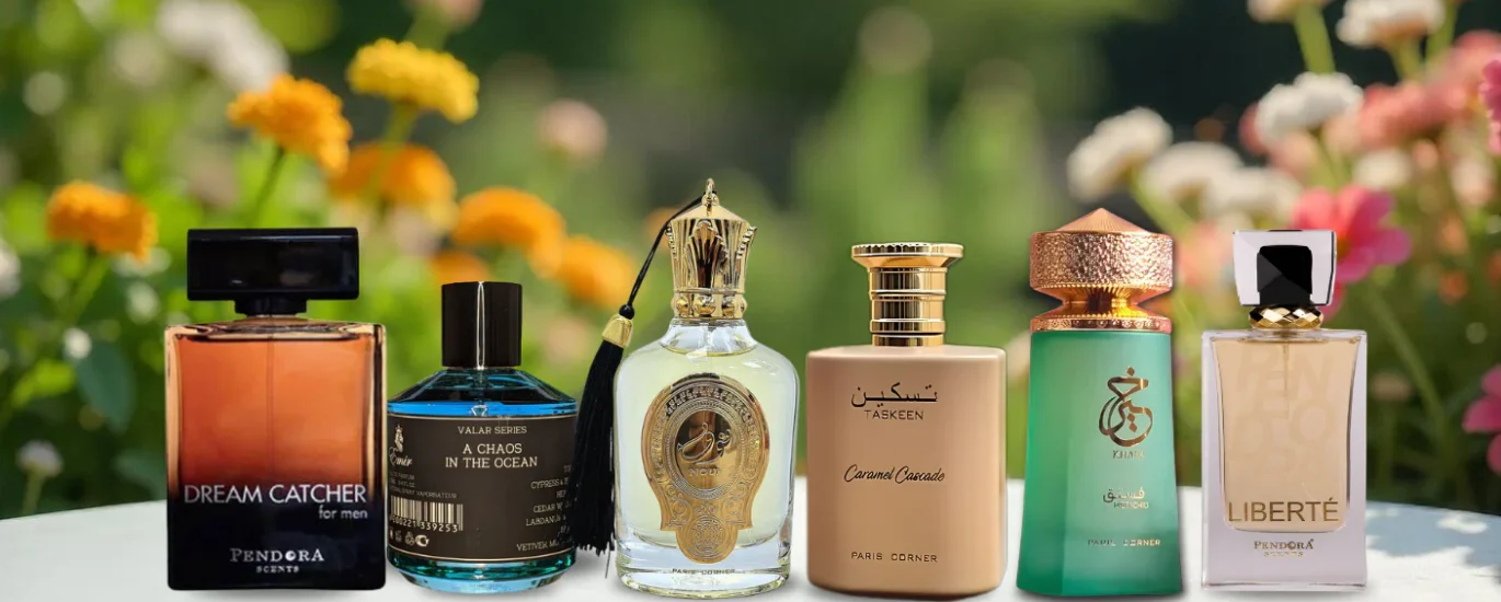 Traditional Mughal-style perfume bottles with rose petals, sandalwood, and oudh chips on an ornate tray, evoking the essence of Mugha fragrance.