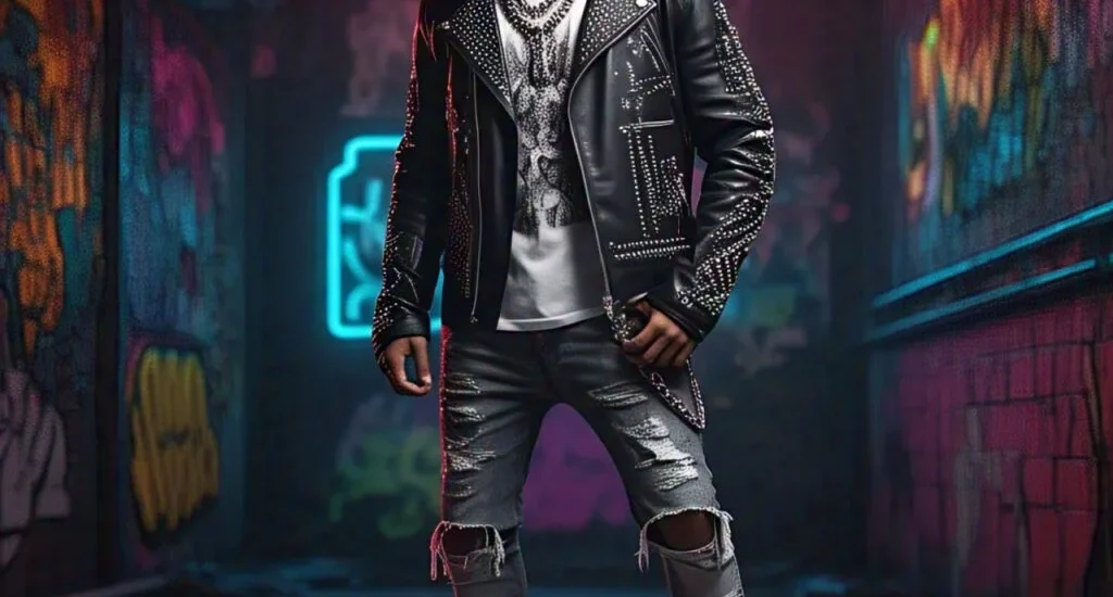 Stylish young man wearing Y2K rock aesthetic outfit in 2025 featuring distressed jeans, graphic tee, leather jacket, and chunky boots.