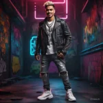 Stylish young man wearing Y2K rock aesthetic outfit in 2025 featuring distressed jeans, graphic tee, leather jacket, and chunky boots.