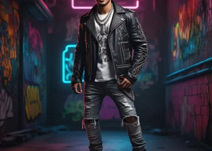 Stylish young man wearing Y2K rock aesthetic outfit in 2025 featuring distressed jeans, graphic tee, leather jacket, and chunky boots.