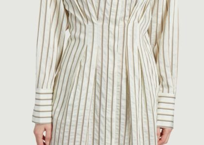 Woman wearing a Striped End-on-End Shirtdress styled with a tan belt and sunglasses, walking confidently down a modern city street.