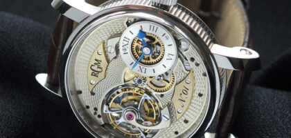 Close-up view of the Pennsylvania Tourbillon watch showcasing its hand-assembled movement and rotating tourbillon cage.