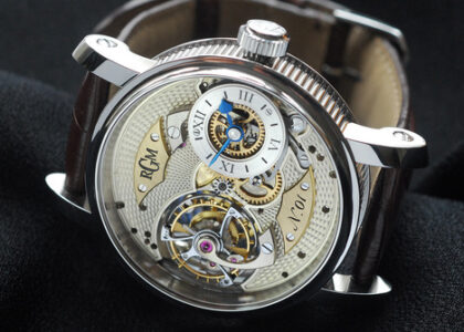 Close-up view of the Pennsylvania Tourbillon watch showcasing its hand-assembled movement and rotating tourbillon cage.