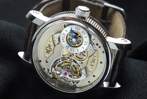 Close-up view of the Pennsylvania Tourbillon watch showcasing its hand-assembled movement and rotating tourbillon cage.