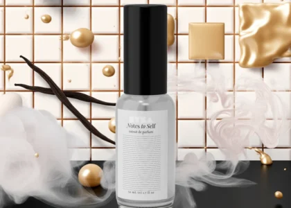 Elegant bottle of Notes to Self fragrance by Byza placed on a minimal wooden table with soft natural light, evoking calm and introspection.
