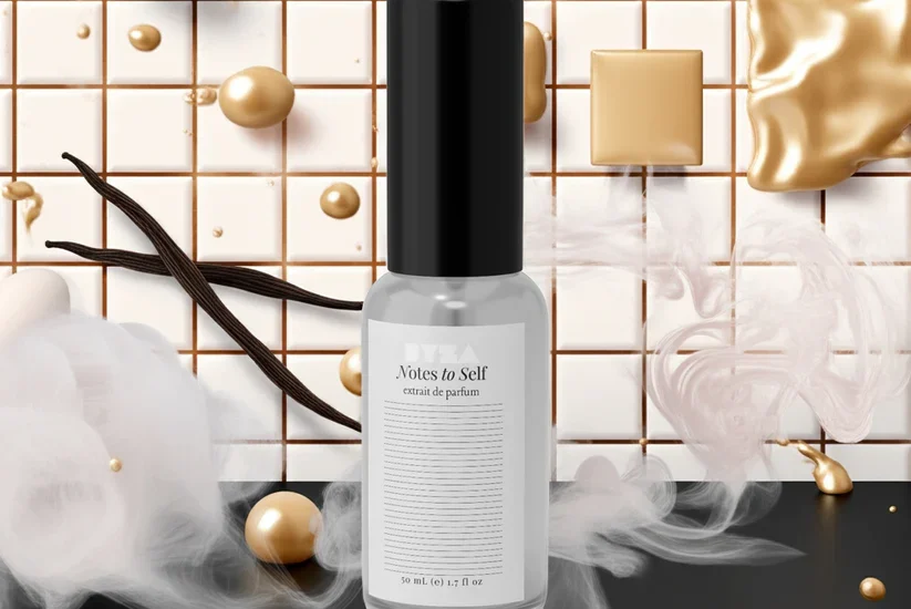 Elegant bottle of Notes to Self fragrance by Byza placed on a minimal wooden table with soft natural light, evoking calm and introspection.