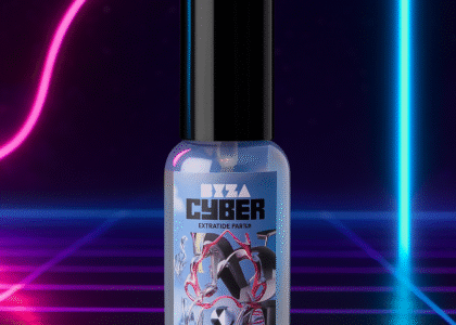 Sleek bottle of Cyber Byza perfume with a futuristic chrome design placed on a tech-inspired LED surface