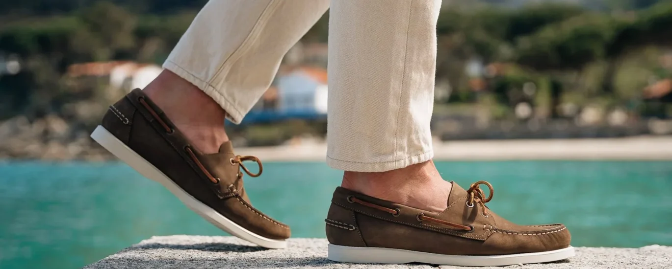 Stylish person wearing beige boat shoes and white pants walking on a boardwalk at sunset.