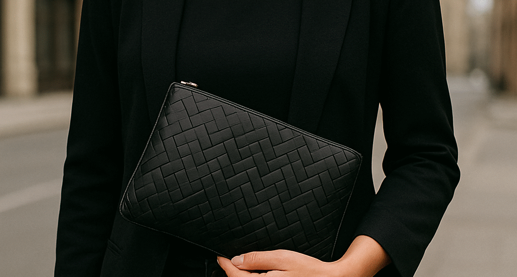 Stylish young woman holding a Crisscross Clutch with a city street backdrop, wearing black sunglasses and modern casualwear.