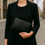 Stylish young woman holding a Crisscross Clutch with a city street backdrop, wearing black sunglasses and modern casualwear.