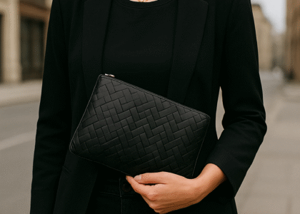 Stylish young woman holding a Crisscross Clutch with a city street backdrop, wearing black sunglasses and modern casualwear.