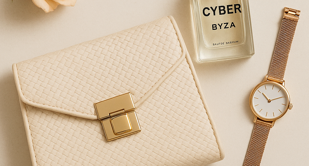 A flat-lay image of a cream-colored textured clutch with gold accents, placed next to a bottle of CYBER BYZA perfume and a rose gold wristwatch.