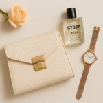 A flat-lay image of a cream-colored textured clutch with gold accents, placed next to a bottle of CYBER BYZA perfume and a rose gold wristwatch.