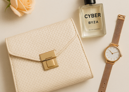 A flat-lay image of a cream-colored textured clutch with gold accents, placed next to a bottle of CYBER BYZA perfume and a rose gold wristwatch.