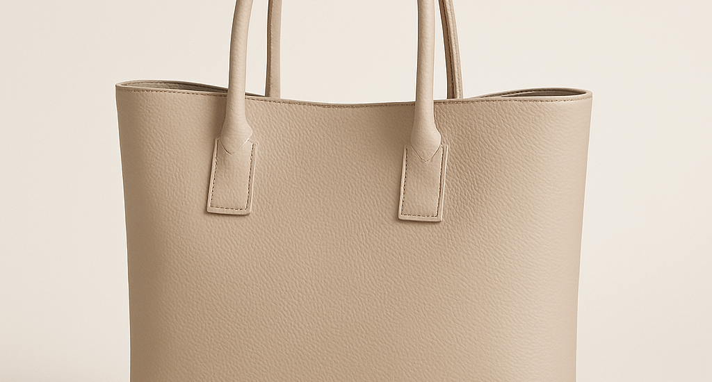 A classic tote bag placed stylishly on an outdoor café table in daylight.