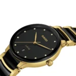 Rado 073.6022.3074 Centrix Diamonds Men Watch on display with black dial and diamond markers in soft ambient light.