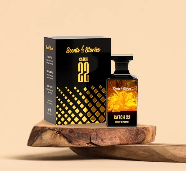 Bottle of Catch 22 perfume placed on a wooden table, with soft lighting highlighting the label – a perfect everyday fragrance for men and women in Pakistan