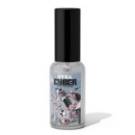 Sleek bottle of Cyber Byza perfume with a futuristic chrome design placed on a tech-inspired LED surface