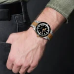 Close-up of the Rado Captain Cook R32137153 Automatic Men Watch featuring its blue dial, stainless steel case, and ceramic bezel – a perfect timepiece for modern Pakistani men.
