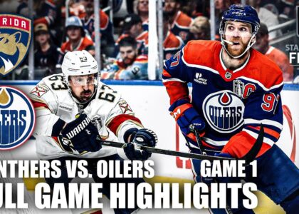 Florida Panthers and Edmonton Oilers face off during the 2025 Stanley Cup Final with players battling for the puck on the ice