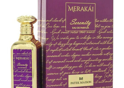 Merakái Serenity by Patek Maison 3.4 oz Eau De Parfum Spray bottle styled on a soft linen background