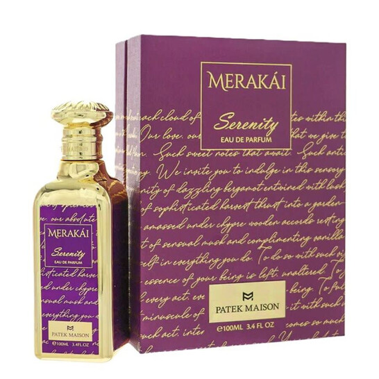 Merakái Serenity by Patek Maison 3.4 oz Eau De Parfum Spray bottle styled on a soft linen background