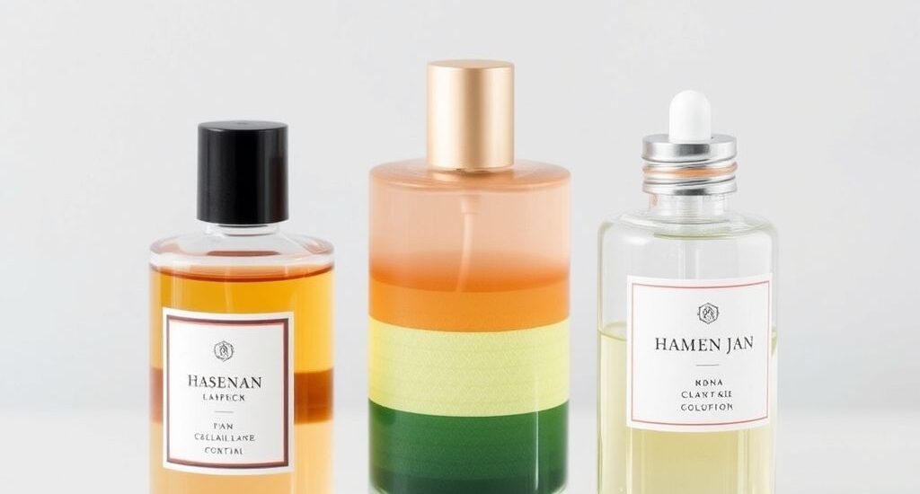 A flat lay of perfume bottles, lotion, and a silk scarf with soft lighting, showing a fragrance layering routine.